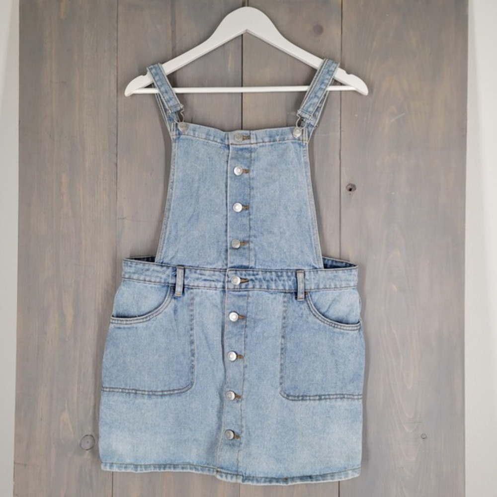 PacSun Denim Overall Dress Women L Light Wash Blue Button Front Pinafore Mini - Picture 1 of 10